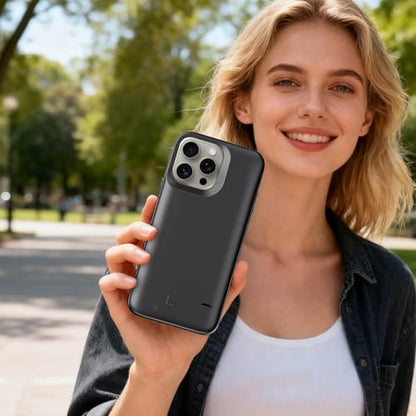 5000mAh Battery Case for 16, Wireless Charging Enabled, Full-Edge Liquid Silicone Protective Cover, Data Transfer Capable, Dual Input Ports, LED Power Indicator Black
