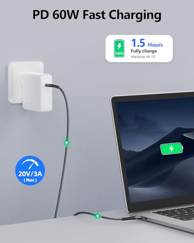 SUNGUY USB C to USB C 5FT [2Pack], 60W USB C Cable PD Fast Charging - color: Grey, size: 5FT