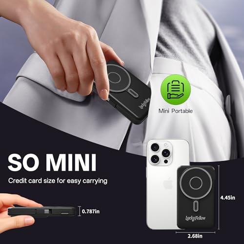 Magnetic Portable Charger Built-in Cables,10000mAh Fast Charging Wireless Charger Station External Battery Pack Slim Pocket Size Power Bank with Stand Compatible with iWatch, iPhone - color: Black