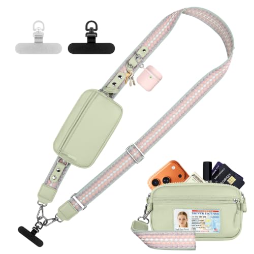 YFWE Clip and Go Phone Strap with Crossbody Wallet, Adjustable Phone Lanyard with Detachable RFID Wristlet Wallet, Anti-Theft Leather Purse with ID Window for Travel Essentials (Green) - color: Green