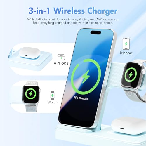 Wireless Charging Station for Apple Devices, 3 in 1 Foldable Charger Stand - color: Blue
