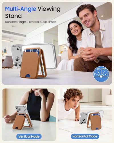 Vizvera for Magsafe Card Holder with RFID Blocking Leather Wallet Magnetic Card Holder 5 Cards for Phone Lightweight Magnetic Stand Adjustable Leather ID Window Cash Slot Magnetic Closure, Mens Gift - color: Brown
