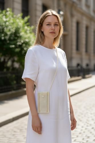 Pearl Beaded Phone Crossbody Bag, White and Gold, Handmade Beaded Purse with Shoulder Strap