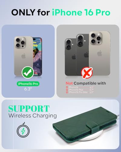OCASE Compatible with iPhone 16 Pro Wallet Case, PU Leather Flip Folio Case with Card Holders RFID Blocking Kickstand [Shockproof TPU Inner Shell] Phone Cover 6.3 Inch 2024, Blackish Green - color: Blackish Green