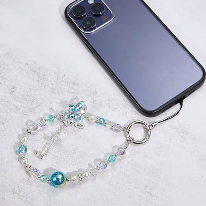 BEEFLYING Beaded Phone Charm Wrist Strap for Case - color: Blue Butterfly