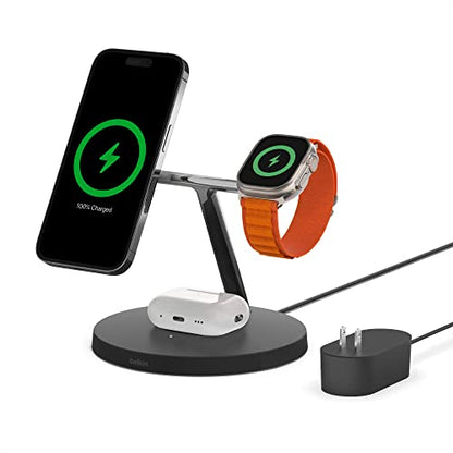 Belkin MagSafe 3 in 1 Wireless Charging Stand, 2nd Gen, 33% Faster - color: Black, style: Chrome Finish