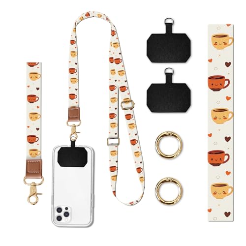 Phone Lanyard Crossbody Wrist Strap, Universal Adjustable Neck Strap for Phone Case Keys ID Badges - color: Cute Coffees