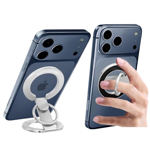 RESPECTED BRO Magnetic-Phone-Ring-Holder with Dual Rings, Compatible with iPhone 17/16/15/14/13/12, Multifunctional Stand for Desk,Office,Gym,Kitchen & All Metal Surfaces, Finger Loop Grip (Silver) - color: Silver