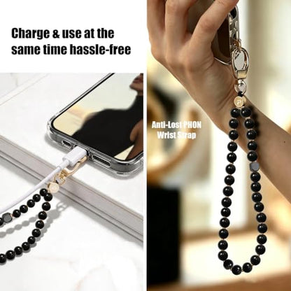 Food-Grade Silicone Phone Wrist Strap with Tether Tab/Clip, Sparkling Bead Phone Lanyard/Phone Charm - color: Black