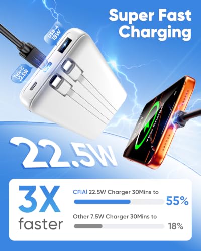 CFIAI Portable Charger 15000mAh Slim Power Bank with Built in Cables - color: Snowy