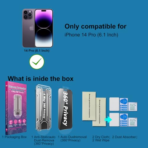 [2 Pack 4 Way Privacy Screen Protector for iPhone 14 Pro, Anti-Spy Tempered Glass, 9H Hardness Shatterproof, 3D Curved Edges, Case-Friendly, Bubble-Free Easy Installation - size: for 14 Pro