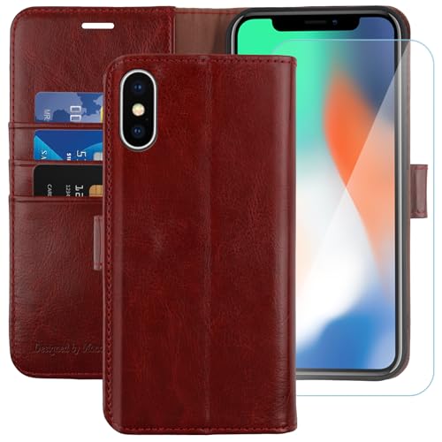 MONASAY Wallet Case for iPhone X/Xs with 3 Card Holders - Burgundy | Kickstand,RFID Blocking,6.6 feet of shock absorption,PU Leather,Strong Magnetic Closure,Fits 5.8 inch ONLY,screen Protector - color: Burgundy