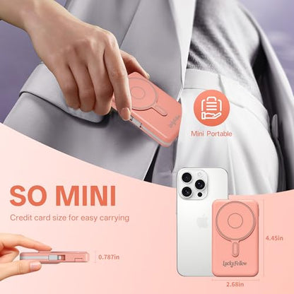Magnetic Portable Charger Built-in Cables,10000mAh Fast Charging Wireless Charger Station External Battery Pack Slim Pocket Size Power Bank with Stand Compatible with iWatch, iPhone - color: Pink