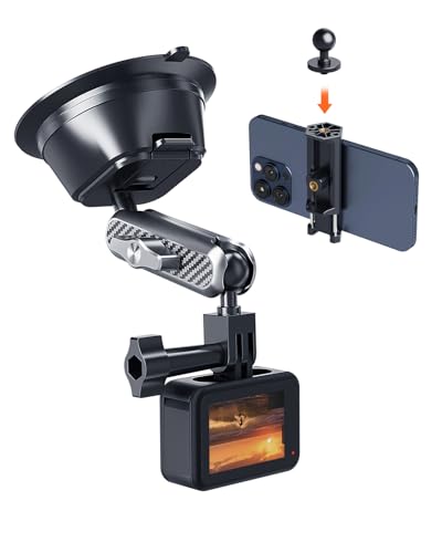 A2C Suction Cup Mount for Gopro iPhone, Anti-Shake Metal Arm Car Camera Mount with 1/4 Thread & Phone Holder, Car Boat Windshield Window VLOG/Video Holder for Gopro Hero Insta360 DJI Action Camera