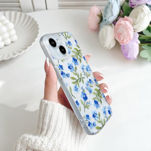 NITITOP Compatible with iPhone 15 Pro Case Clear Cute Flower - Blue | Branch, Floral, Precision camera cutouts, For girl woman, Slim fit, Soft TPU, Shockproof - color: Blue
