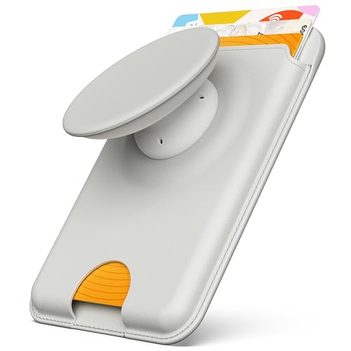 Sinjimoru Phone Wallet for MagSafe, Phone Card Holder with Grip, Grey | M-Tap Tok Wallet, 3200G strength, soft silicone finger holder, vegan leather, phone stand, fits iPhone 17-12 - color: Grey