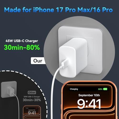 Phone 17 16 Pro Max Charger Fast Charging, 45W Super Fast USB C Charger Block with 8FT Charging Cable for 17 16 Pro Max/17 16Pro/16 Plus,15 Pro Max/15 Pro/15, Android Phone - color: white, size: 8 Ft