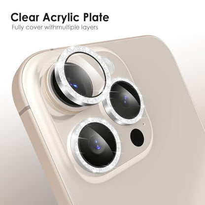 TENOC Camera Lens Protector for iPhone 16 Pro & 16 Pro Max, Silver Glitter - size: iPhone 16 Pro/16 Pro Max