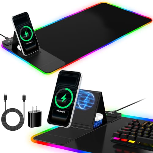 RGB Mouse Pad with Foldable Phone Stand Wireless Charger, 31.5"x11.8" XL Gaming Mousepad Large Desk Mat, Desk Pad with 11 Colors 5 Modes, Waterproof - color: Black Touch Control Stand XL with PD Charger
