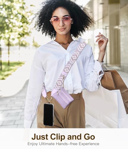 TiMOVO Clip and Go Phone Strap Crossbody with Leather Wallet, Adjustable Anti-Theft Lanyard with Pouch for Most Phone Case - color: Light Purple + White