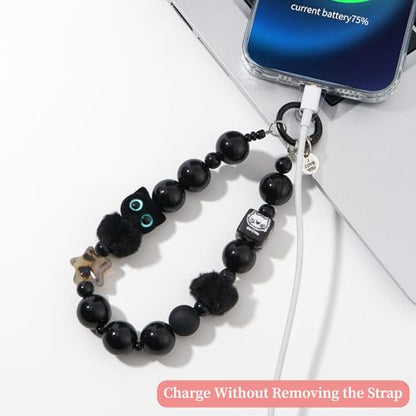 WOZEAH Phone Charm for Women, Beaded Wrist Strap Lanyard with Tether Tab – Detachable Phone Chain Wristlet - color: Black Plush Cat