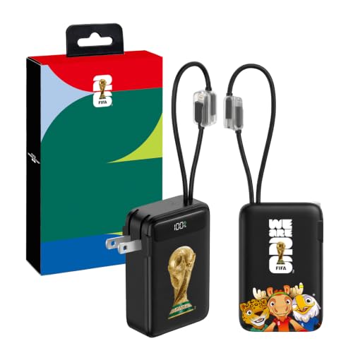 2026 FIFA Licensed Power Bank with Built-in Cable and Foldable Wall Plug, 22.5W 10000mAh Portable Charger, 3-in-1 Power Bank for iPhone 17/16/15 Series, FIFA World Cup 2026 Official Merchandise, Black - color: Black