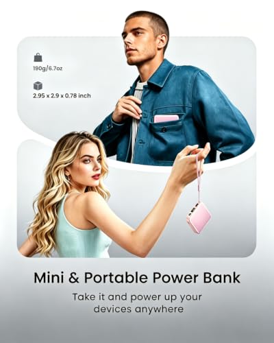 ummz Mini Portable Charger with Built-in 4 Cables，12000mAh Small Power Bank - color: pink