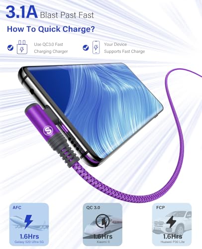 USB to USB C Cable 3.1A Fast Charge Right Angle CarPlay 3.3ft 2-Pack Purple - color: Purple, size: 3.3ft+3.3ft