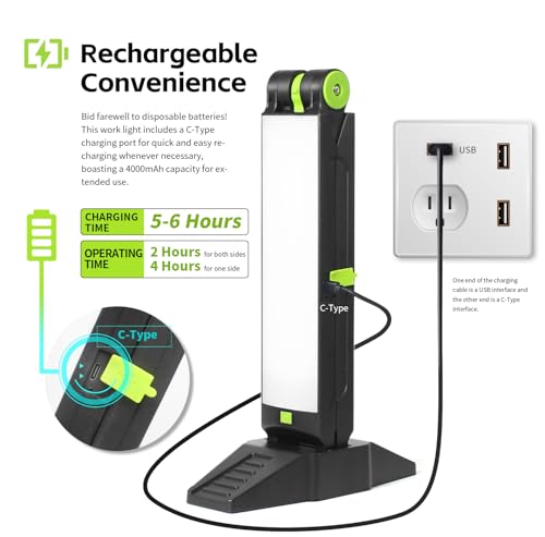 MaxWorks Rechargeable LED Work Light 1000 Lumens Dual Folding Panels Magnetic Base 4000mAh Battery USB-C Charging IP44 Portable Shop Light 50899 - style: Double-Pane