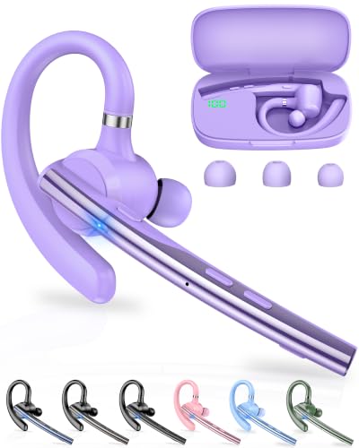 New Bee Bluetooth Headset V5.1 72H Talk Dual Mic with Mute Button for Work, Wireless Hand-Free Bluetooth Earpiece with 500mAh Charging Case for Cell Phone Calls Driver (M54, Purple) - color: Purple