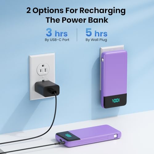Portable Charger for iPhone,13800mAh Slim Power Bank with Built-in Cables & AC Wall Plug,All in One 4 Outputs USB C Fast Charging Battery Pack for iPhone 17/16/15/14,Android,Travel Essential (Purple) - color: Purple