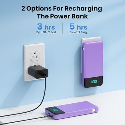 Portable Charger with Built-in AC Plug and Cables,13800mAh All in One USB C Fast Charging Power Bank,Travel Essentials Portable Phone Charger Battery Pack for iPhone 17/16/15/13,Galaxy,Android-Purple - color: Purple
