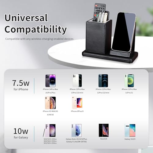 Wireless Charger with Desk Organizer, Wireless Charging Station for iPhone 13/13 Pro Max/13 Pro/12 Series/11/XS Max/XR/X/8Plus/SE 2, Wireless Charging Stand with Leather… (Black) - color: Black