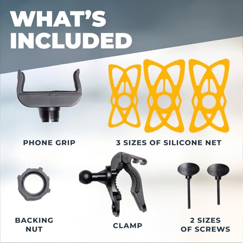 Roam Universal Cell Phone Holder Net Mount - Adjustable Up to 3.6" W x 7" L - 360° Rotation - Hands Free Navigation System for Motorcycle eBike Dirt Road Cruiser Scooter - Orange