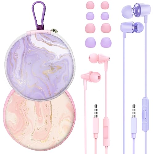 2-Pack Teens Wired Earbuds with Cases, 3.5mm School Headphones, Crack - color: Purple-Pink
