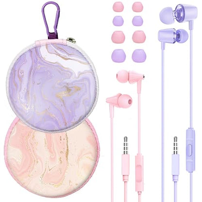 2-Pack Teens Wired Earbuds with Cases, 3.5mm School Headphones, Crack - color: Purple-Pink