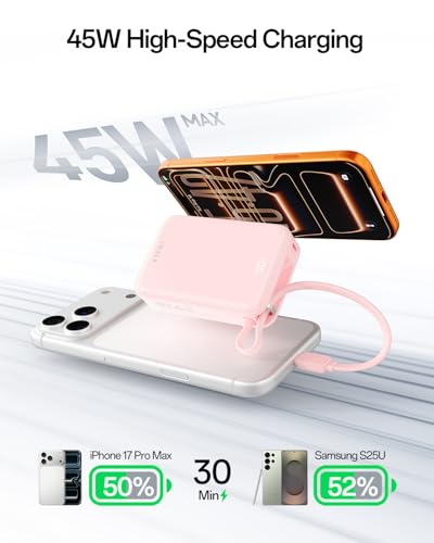 iWALK Portable Charger, 10000mAh 45W PD Power Bank, USB C in&Out Fast Charging Battery Pack with Phone Stand, Travel Essential Powerbank for iPhone 17 16 15 14 13 12 Samsung S25 MacBook etc,Pink - color: Pink 45W