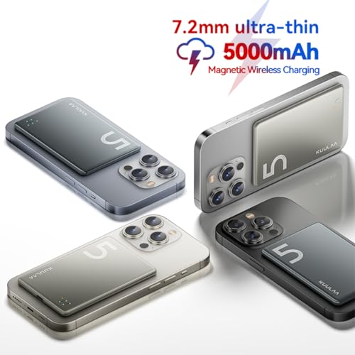 Kuulaa Magnetic Power Bank 5000mAh 0.28'' Ultra Slim Portable Charger Magsafe Battery Pack for iPhone 17/16 Pro Max/15/14/13/12 Mini, Titanium