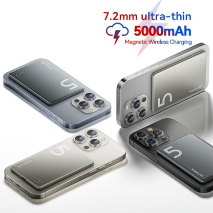 Kuulaa Magnetic Power Bank 5000mAh 0.28'' Ultra Slim Portable Charger Magsafe Battery Pack for iPhone 17/16 Pro Max/15/14/13/12 Mini, Titanium