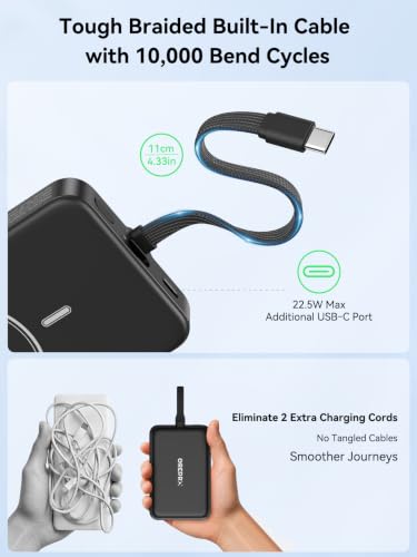 GREPRO Magnetic Power Bank, 10000mAh Built-in 22.5W USB-C Cable for iPhone | Compatible for MagSafe Portable Charger, LED Display, for iPhone 17/17 Air/17 Pro/17 Pro Max/16/15/14/13/12 Series, AirPods