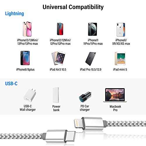 USB C to Lightning Cable 3 Pack 6FT Apple MFi Certified Fast Charging - color: gray