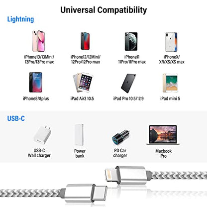 USB C to Lightning Cable 3 Pack 6FT Apple MFi Certified Fast Charging - color: gray