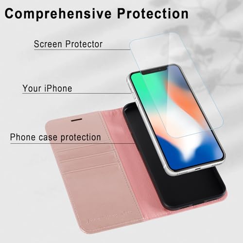 MONASAY Wallet Case for iPhone X/Xs with 3 Card Holders - Rosegold | Kickstand,RFID Blocking,6.6 feet of shock absorption,PU Leather,Strong Magnetic Closure,Fits 5.8 inch ONLY,screen Protector - color: Rosegold