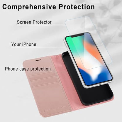 MONASAY Wallet Case for iPhone X/Xs with 3 Card Holders - Rosegold | Kickstand,RFID Blocking,6.6 feet of shock absorption,PU Leather,Strong Magnetic Closure,Fits 5.8 inch ONLY,screen Protector - color: Rosegold