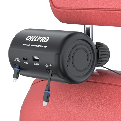 OHLPRO Multi Car Retractable Backseat 4 in 1 Car Charging Station Box Compatible with All Phones | iPhone | Samsung | Uber Taxi Lyft Turo Ride Share Customer Charging Dock Attach to Headrest - size: 39.3in Charging Station