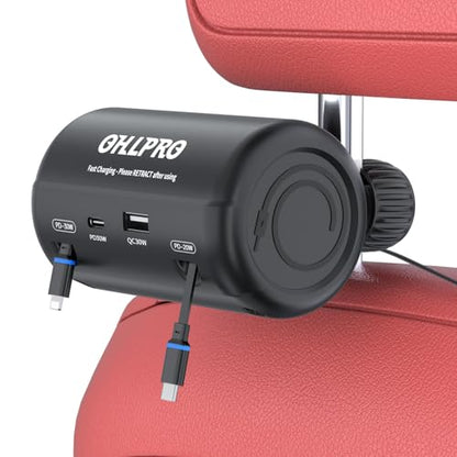 OHLPRO Multi Car Retractable Backseat 4 in 1 Car Charging Station Box Compatible with All Phones | iPhone | Samsung | Uber Taxi Lyft Turo Ride Share Customer Charging Dock Attach to Headrest - size: 39.3in Charging Station