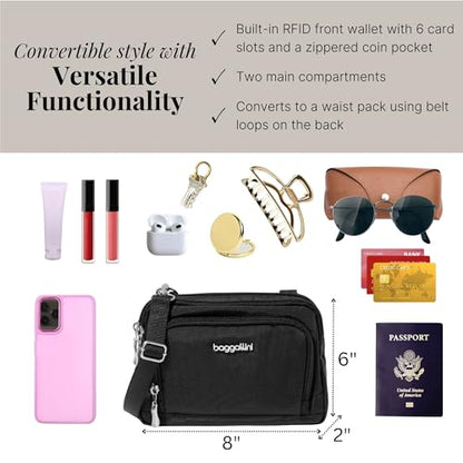 Baggallini Triple Zip with Front Wallet/Trifecta RFID Wallet Crossbody - color: Black