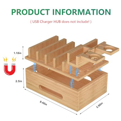 Bamboo Charging Station for Multiple Devices, Desktop Organizer Docking Station, Natural Bamboo Desk Storage Stand for Phone, Tablet, Earbuds, Smart Watch (Power Adapter Not Included)