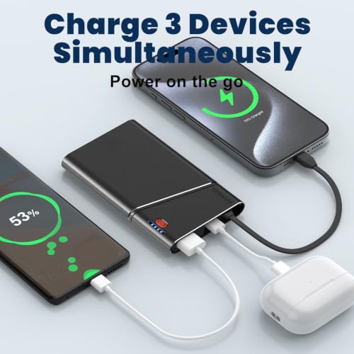 Aaoyun 10000mAh Portable Power Bank, 22.5W PD Fast Charging Battery Pack with Built-in USB-C Cable, Ultra-Slim External Phone Charger for iPhone 17/16/15, Samsung Galaxy S24, Android (Black) - color: Black