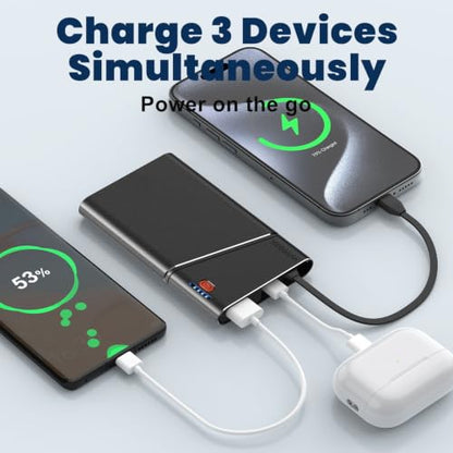 Aaoyun 10000mAh Portable Power Bank, 22.5W PD Fast Charging Battery Pack with Built-in USB-C Cable, Ultra-Slim External Phone Charger for iPhone 17/16/15, Samsung Galaxy S24, Android (Black) - color: Black